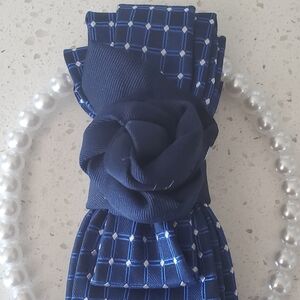 Navy Blue Floral Neck Tie Necklace with Geometric Pattern